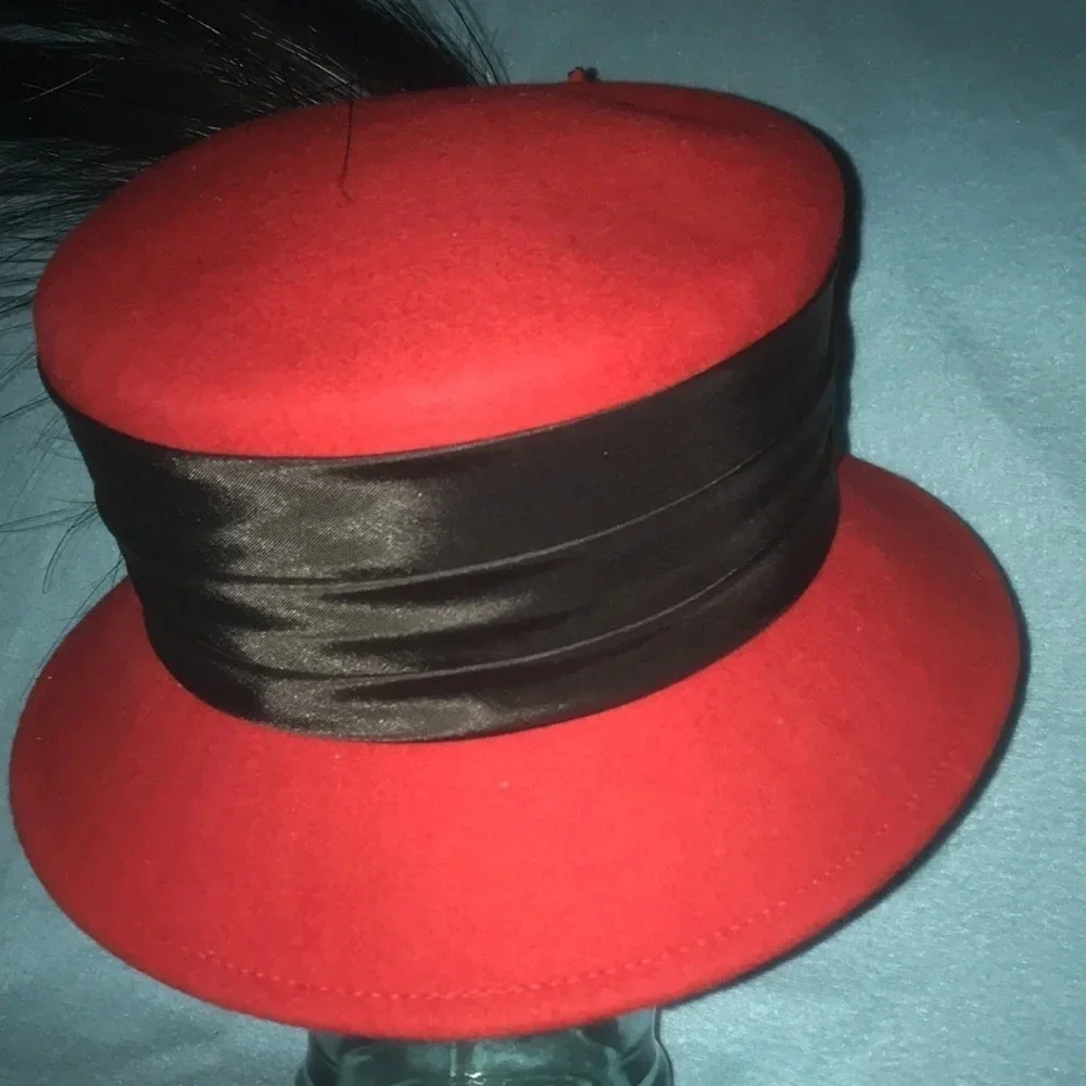 THE HAT GENERATION Red, Wide Black Band, Beautiful Feathers, Rhinestone Details